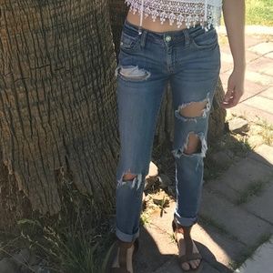 Distressed low rise jeans